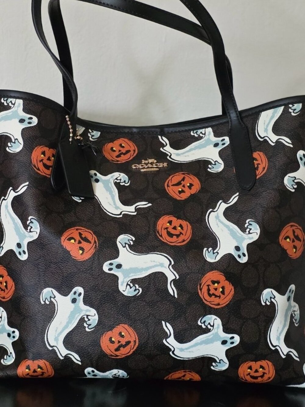 NWT Coach City Tote Bag With Pumpkin Halloween Print CCE69 In Walnut Black